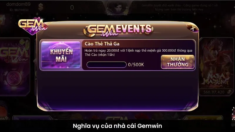 Nghĩa vụ của nhà cái Gemwin